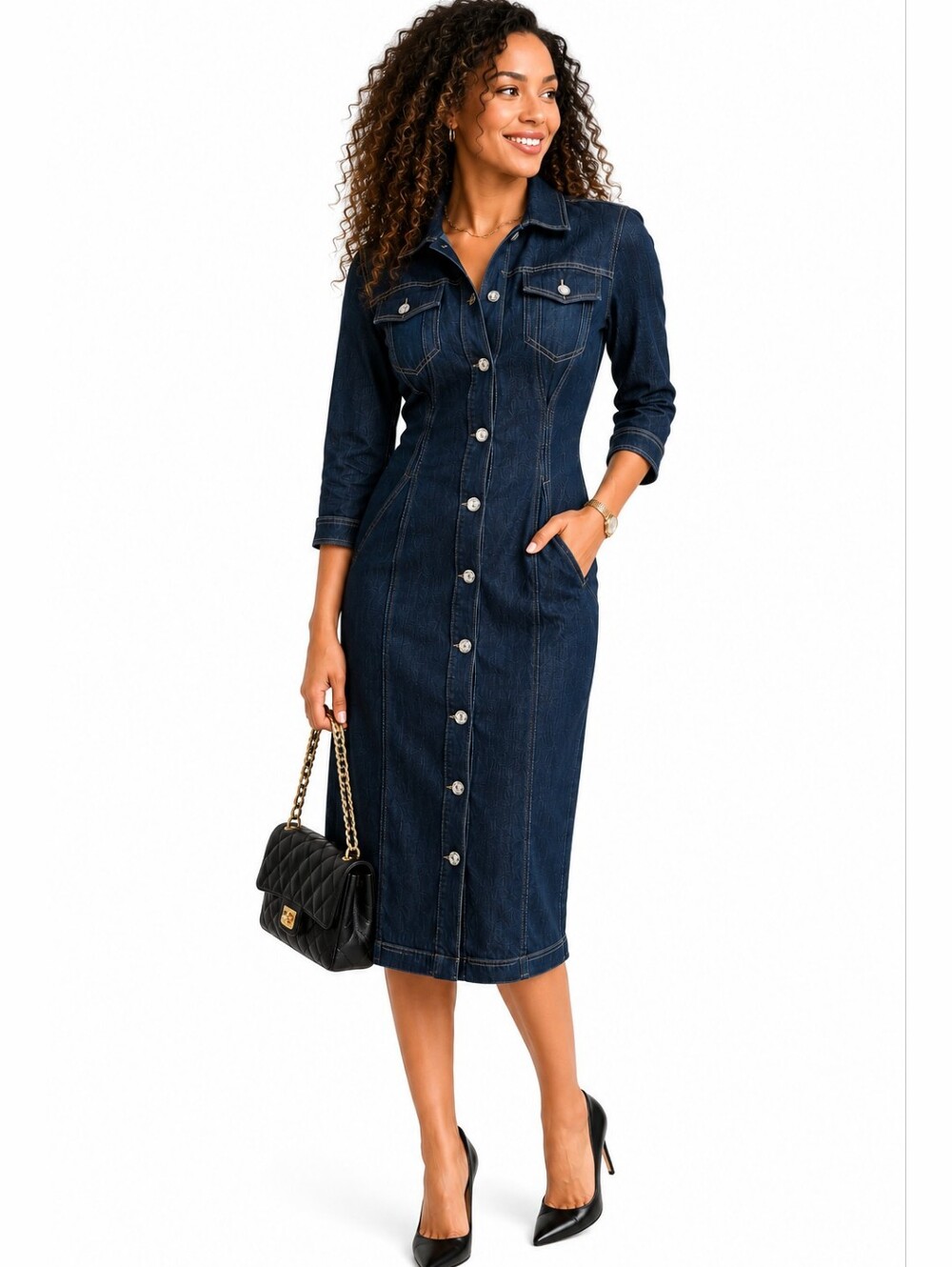 WHBM White House Black Market Denim Shirt Dress Size 6 Dark Wash Stretch Midi